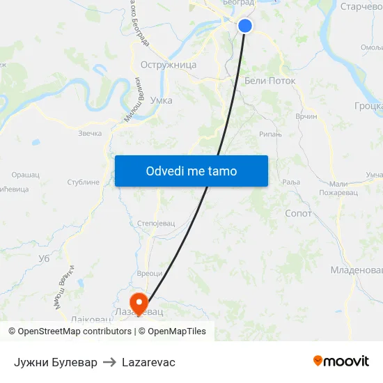 Јужни Булевар to Lazarevac map