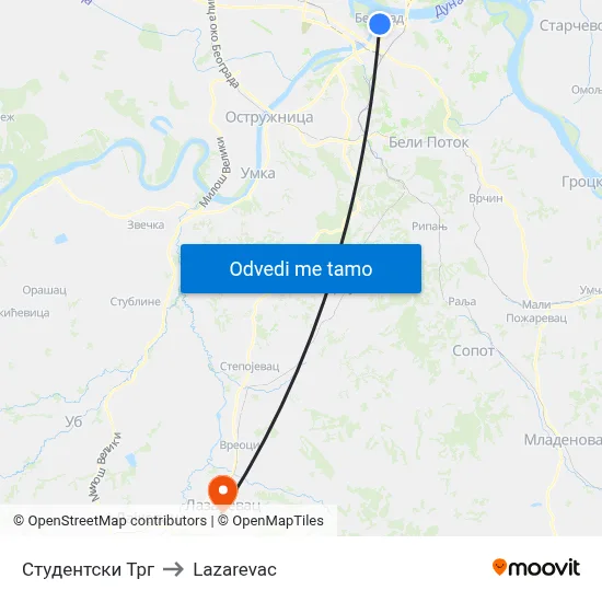 Студентски Трг to Lazarevac map