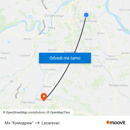 Мз "Кумодраж" to Lazarevac map