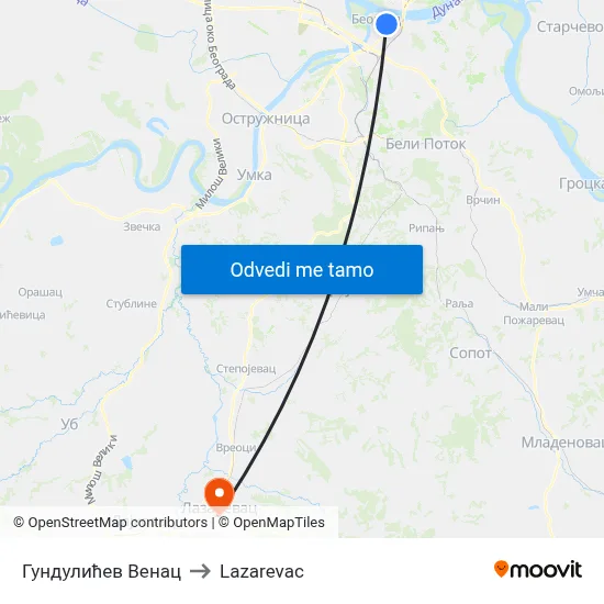 Гундулићев Венац to Lazarevac map