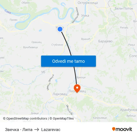 Звечка - Липа to Lazarevac map