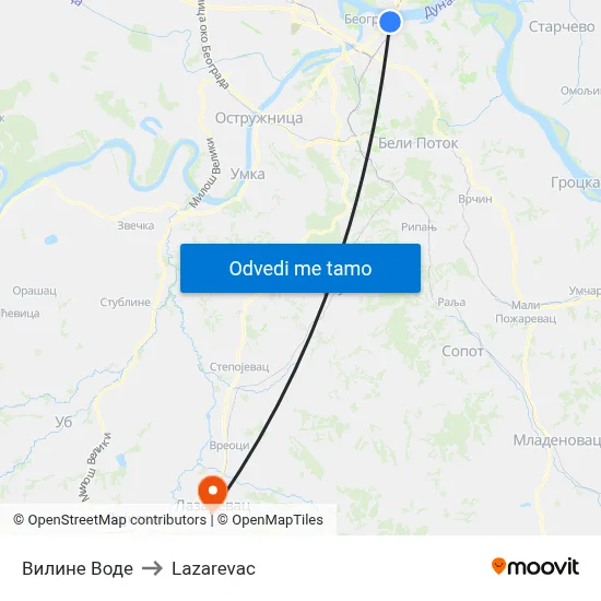 Вилине Воде to Lazarevac map