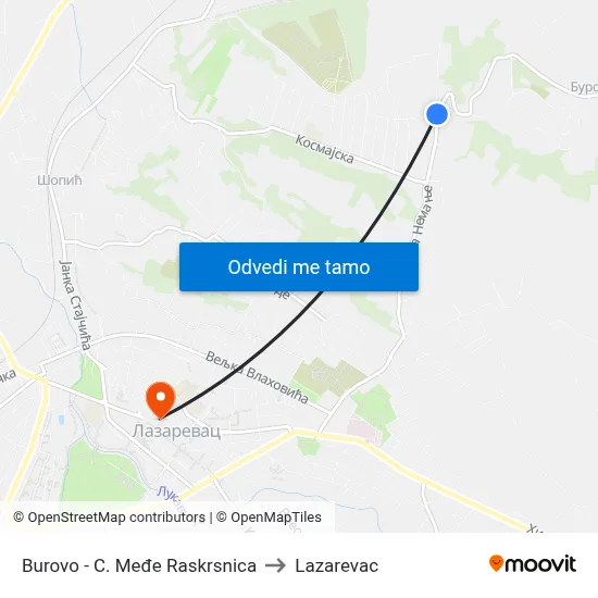 Burovo - C. Međe Raskrsnica to Lazarevac map