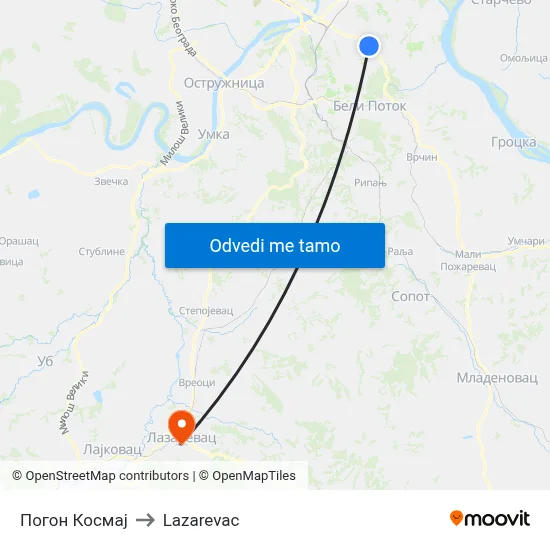 Погон Космај to Lazarevac map