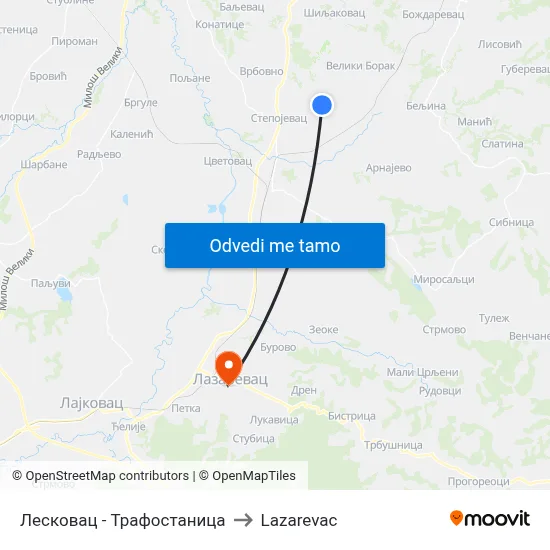 Лесковац - Трафостаница to Lazarevac map