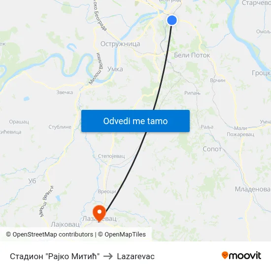Стадион "Рајко Митић" to Lazarevac map