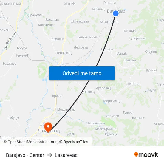 Barajevo - Centar to Lazarevac map