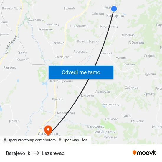 Barajevo Ikl to Lazarevac map