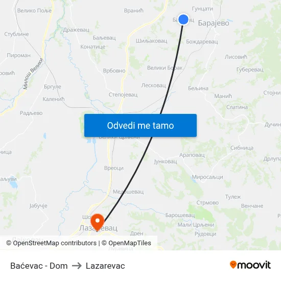 Baćevac - Dom to Lazarevac map
