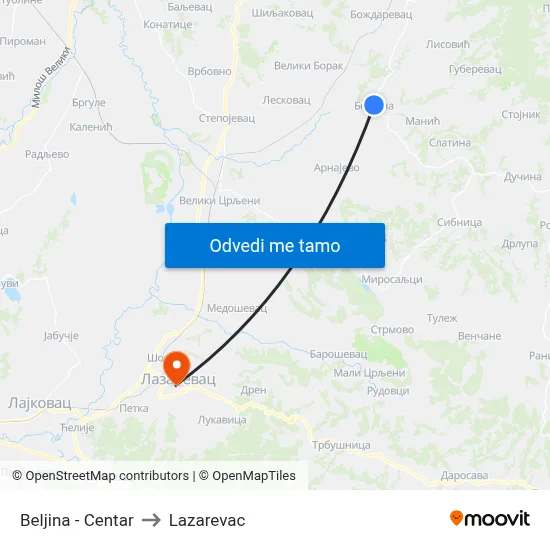 Beljina - Centar to Lazarevac map