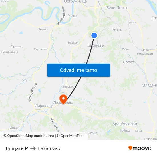 Гунцати Р to Lazarevac map