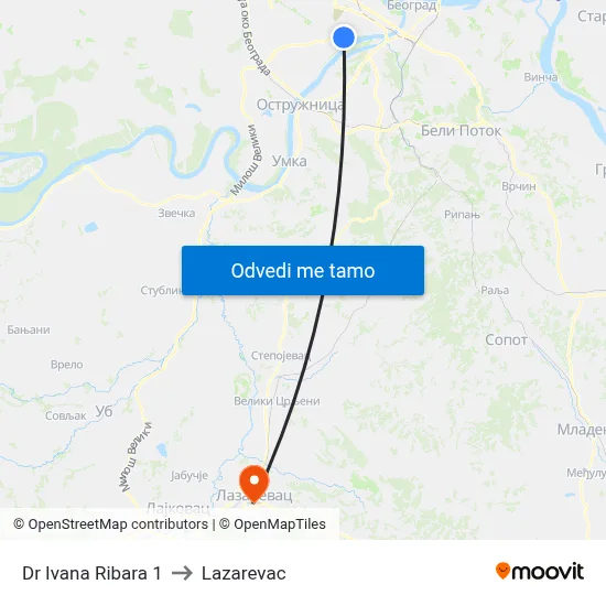 Dr Ivana Ribara 1 to Lazarevac map