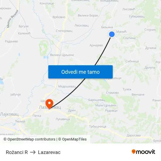 Rožanci R to Lazarevac map