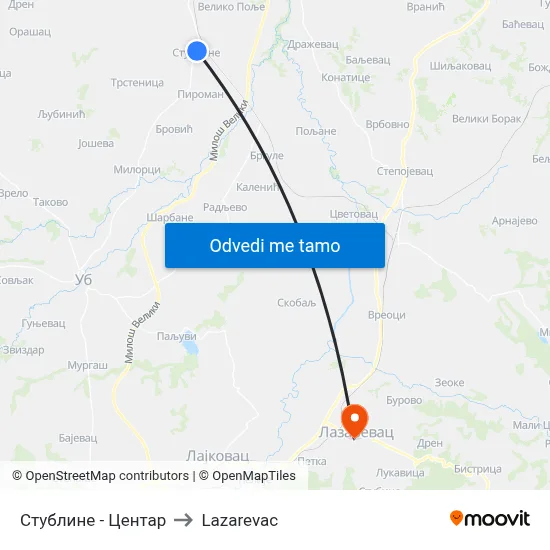 Стублине - Центар to Lazarevac map