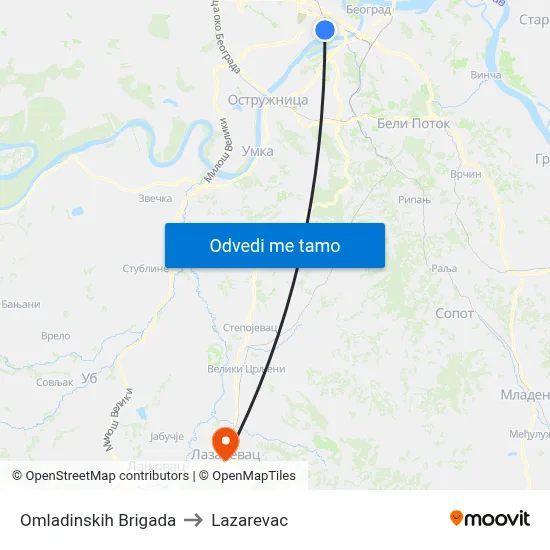 Omladinskih Brigada to Lazarevac map