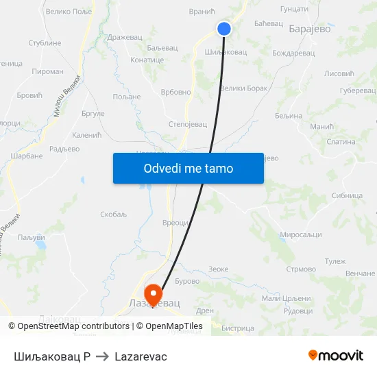 Шиљаковац Р to Lazarevac map
