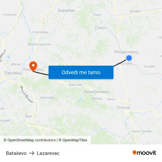 Bataševo to Lazarevac map