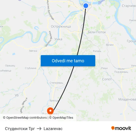 Студентски Трг to Lazarevac map