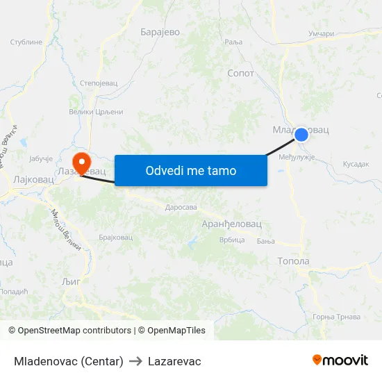 Mladenovac (Centar) to Lazarevac map