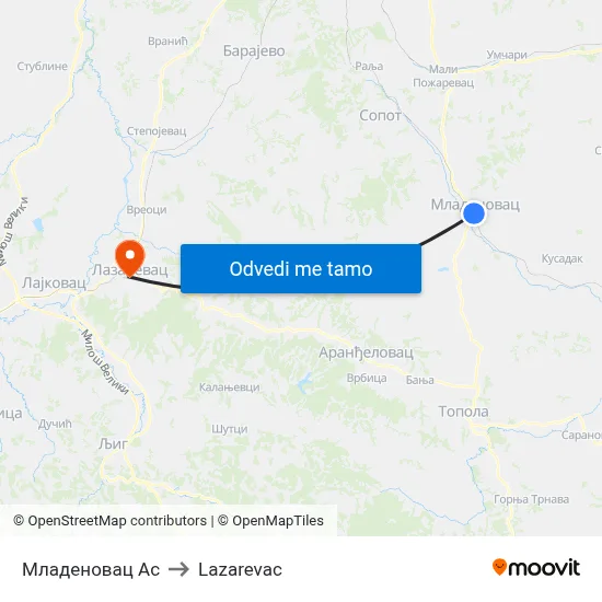 Младеновац Ас to Lazarevac map