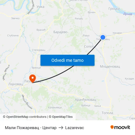 Мали Пожаревац - Центар to Lazarevac map