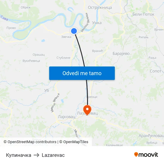 Купиначка to Lazarevac map