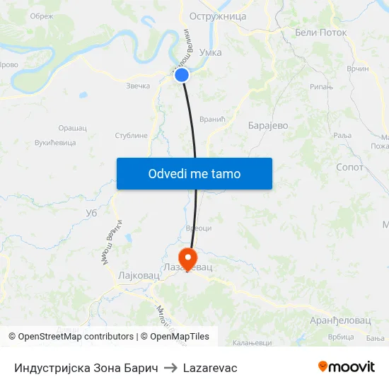 Индустријска Зона Барич to Lazarevac map