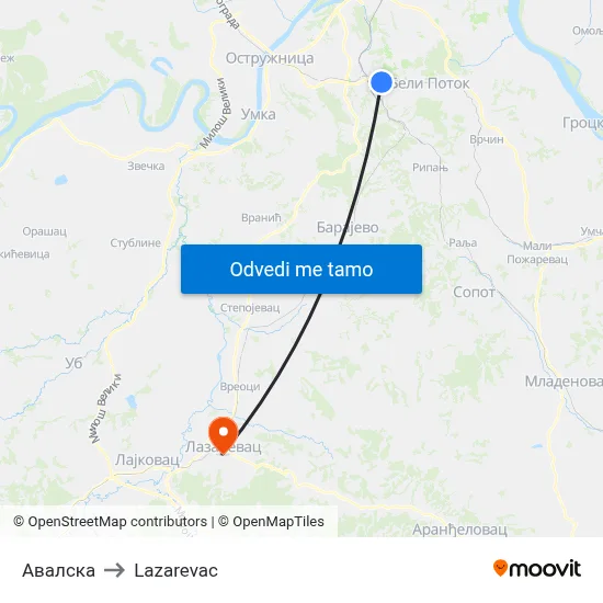 Авалска to Lazarevac map