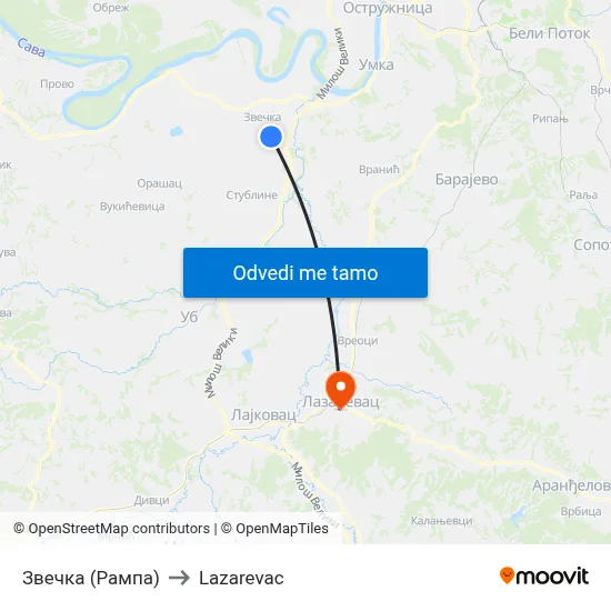 Звечка (Рампа) to Lazarevac map