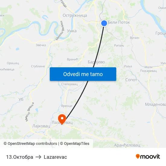 13.Октобра to Lazarevac map