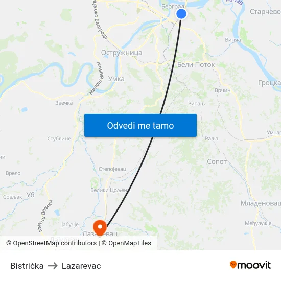 Bistrička to Lazarevac map