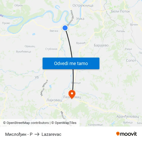 Мислођин - Р to Lazarevac map