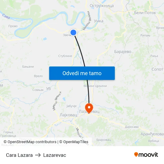 Cara Lazara to Lazarevac map
