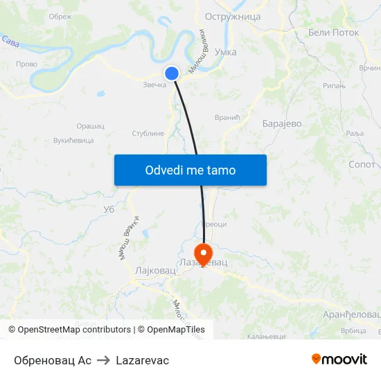Обреновац Ас to Lazarevac map