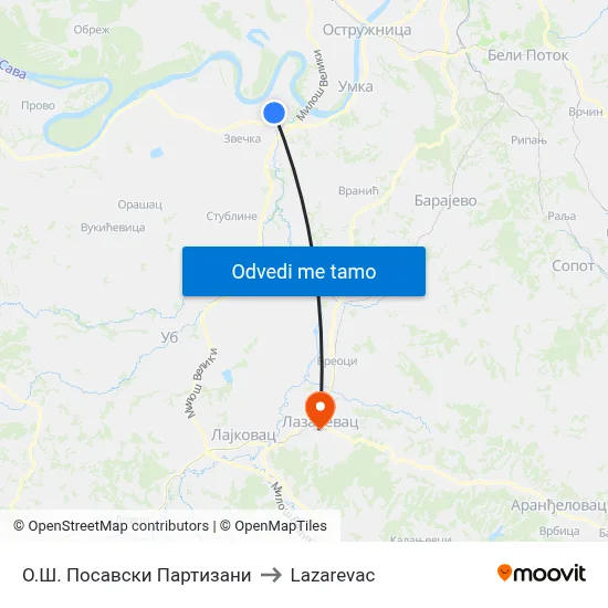 О.Ш. Посавски Партизани to Lazarevac map