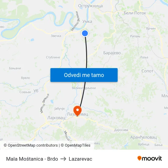 Mala Moštanica - Brdo to Lazarevac map