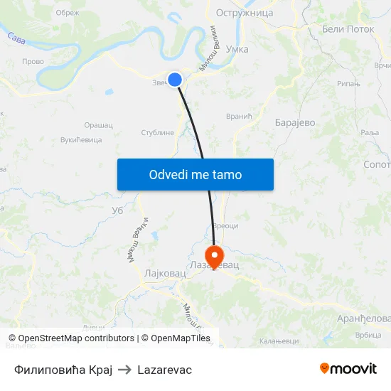Филиповића Крај to Lazarevac map