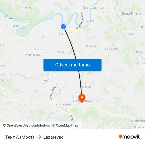 Тент А (Мост) to Lazarevac map