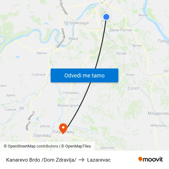 Kanarevo Brdo /Dom Zdravlja/ to Lazarevac map