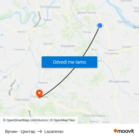 Врчин - Центар to Lazarevac map