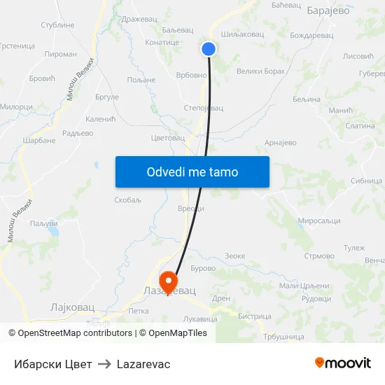 Ибарски Цвет to Lazarevac map