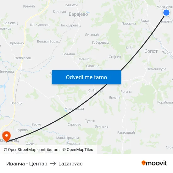 Иванча - Центар to Lazarevac map