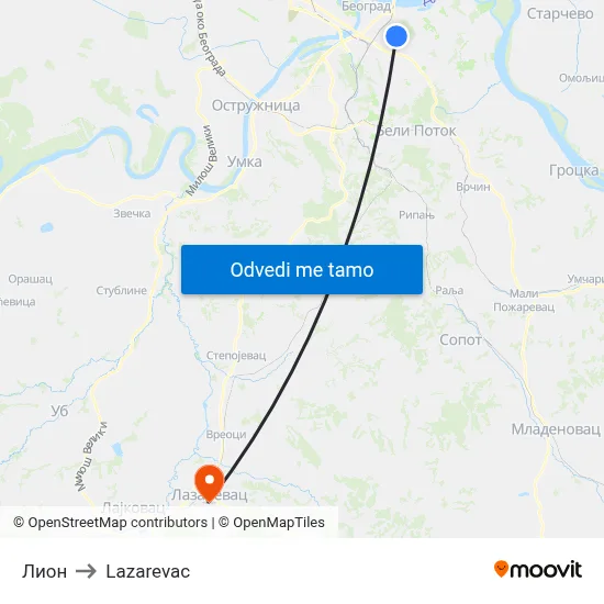 Лион to Lazarevac map