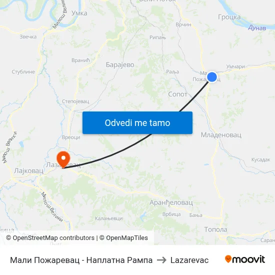 Мали Пожаревац - Наплатна Рампа to Lazarevac map