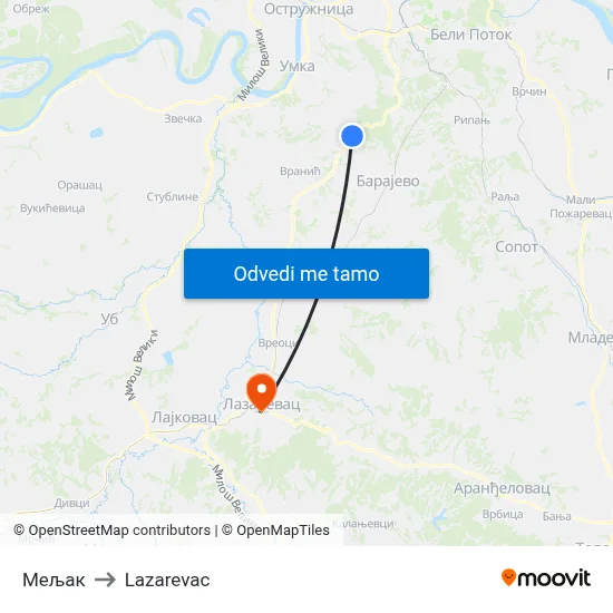 Мељак to Lazarevac map