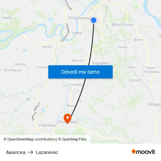 Авалска to Lazarevac map