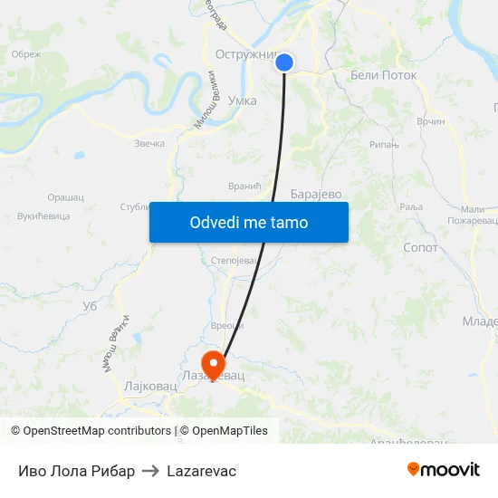 Иво Лола Рибар to Lazarevac map