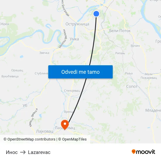 Инос to Lazarevac map