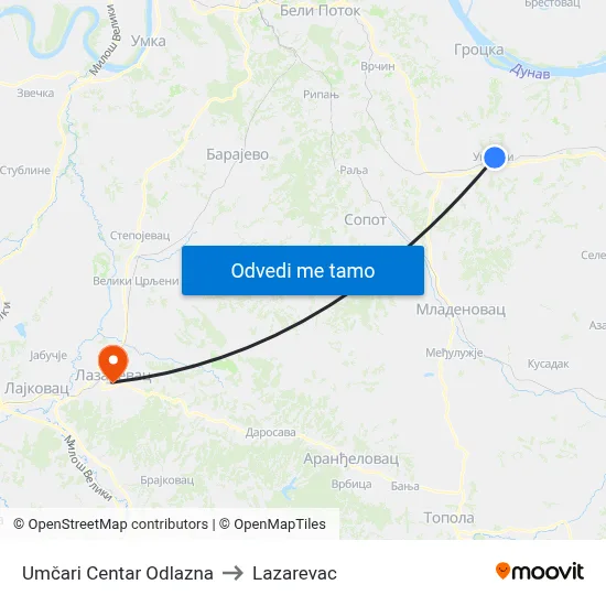 Umčari Centar Odlazna to Lazarevac map