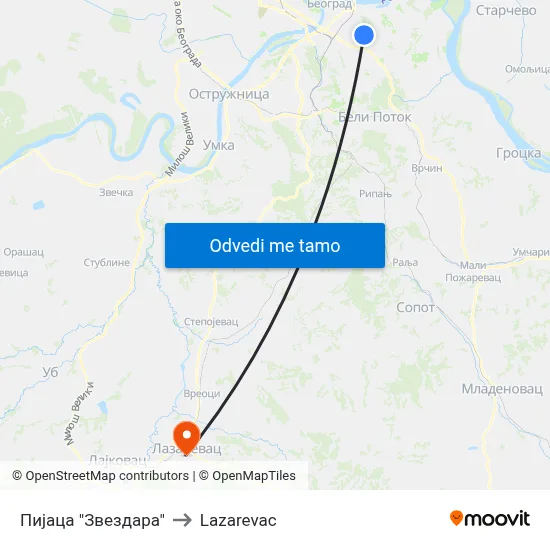 Пијаца "Звездара" to Lazarevac map